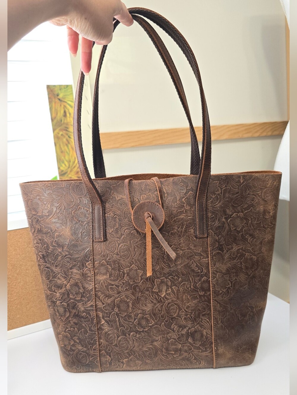 Vintage Geniune Brown Tooled Leather Tote Bag - Women's Shoulder Bag